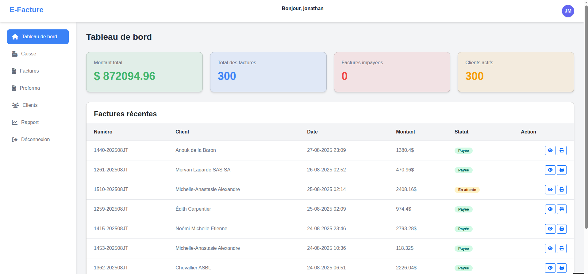 Tableau de bord Facture Sign